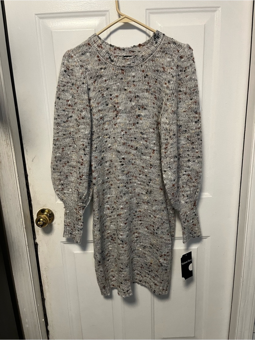 Maison Tara Chunky Knit Crewneck Sweater Dress in Speckled Gray Nwt size small